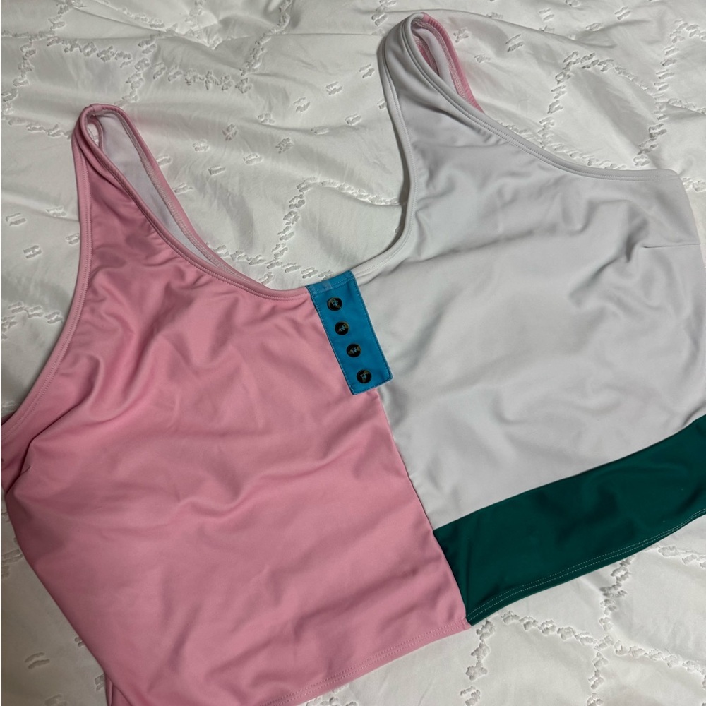 Colorblock Swim Tank Top with Button Detail